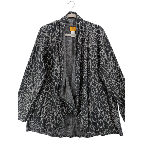 Ruby Rd Open Front Cardigan L Black White Waterfall Draped Animal Print Flowy - Picture 9 of 9